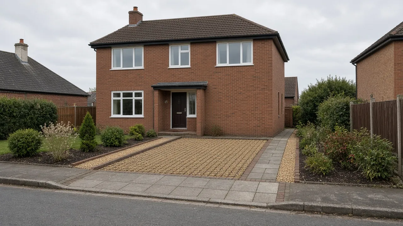 Gravel driveway in a stabilising grid with a slab path to the front door of a brick house