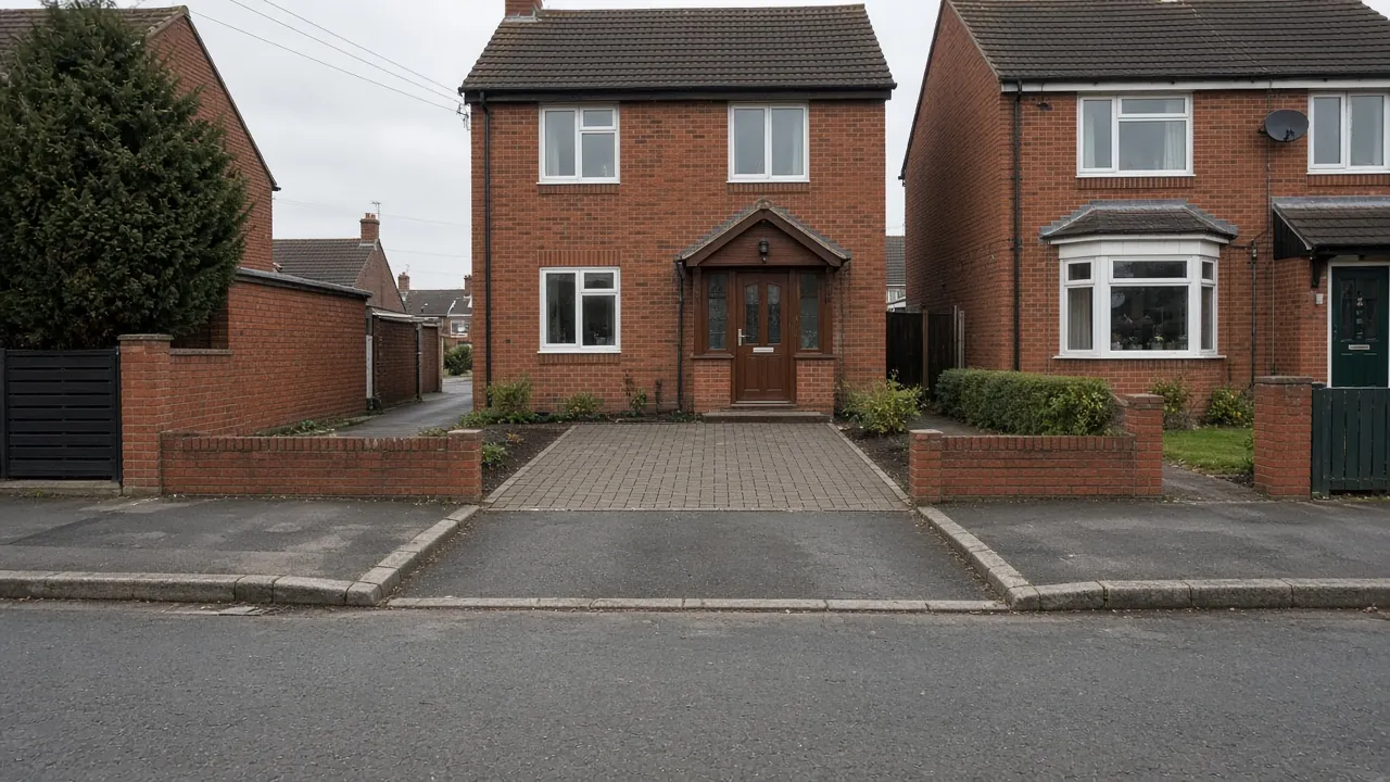 Dropped kerb lined up with a block-paved driveway between two brick garden walls