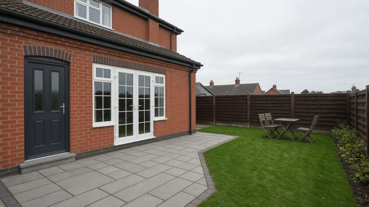 Grey slab patio outside the back door and French doors of a brick house