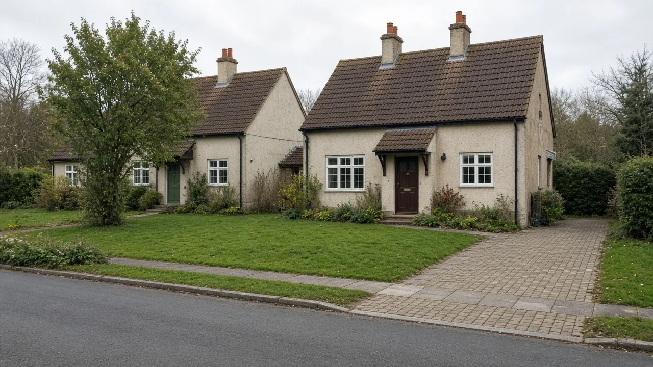 Example image: rendered garden-village style cottage in Dormanstown with a block-paved drive and verge crossing